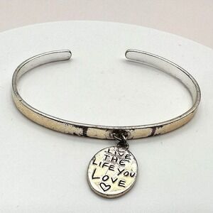 Vintage 90s Silver Tone Hand Bracelet Live The Life You Love Heart Charm Jewelry
